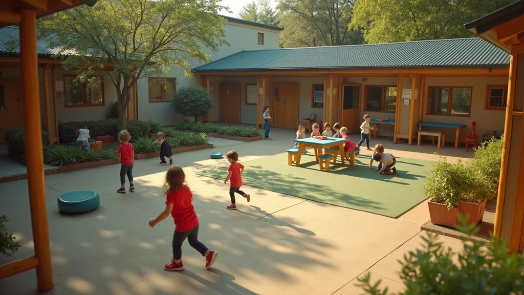 High angle view of children playing in an outdoor preschool area