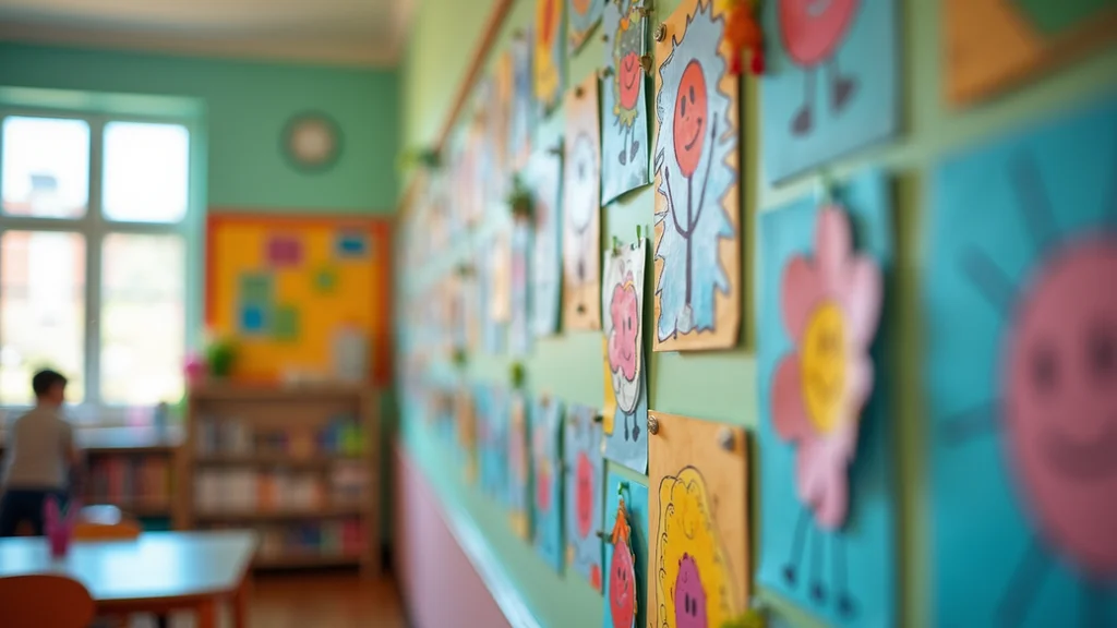 Close-up view of colorful children's crafts displayed on a classroom wall