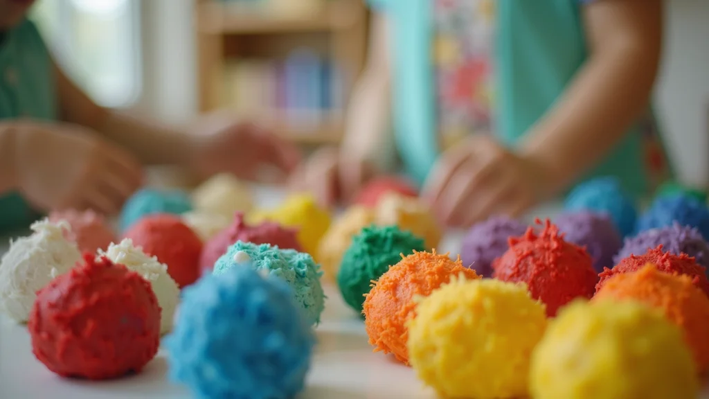 Close-up view of colorful preschool crafts on display