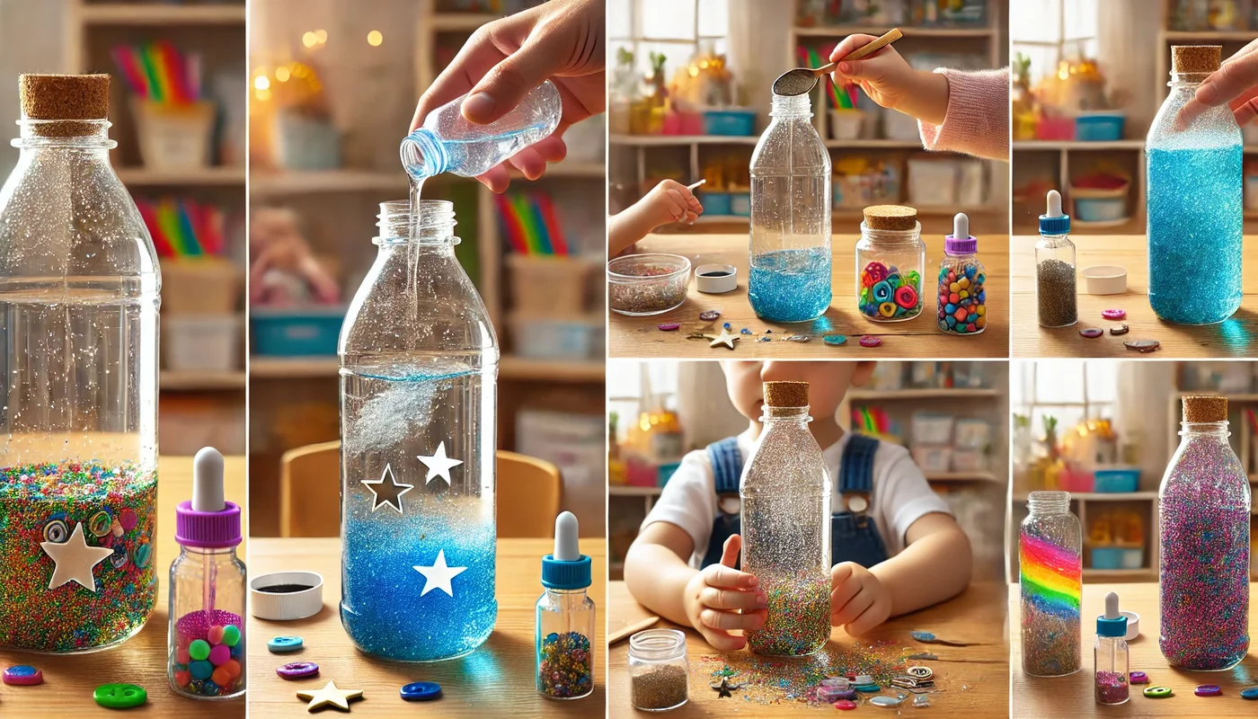 Step-by-step preschool sensory bottle craft, from filling with water and food coloring to sealing and shaking the glitter-filled creation.