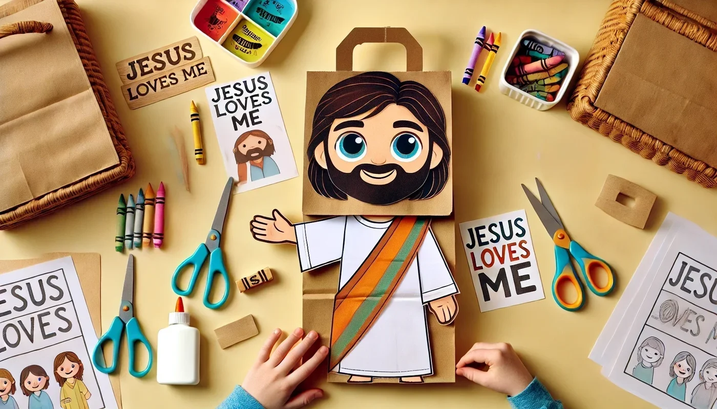 Preschooler creating a ‘Jesus Loves Me’ paper bag puppet, featuring a traditional-style Jesus face, during a Bible-themed classroom craft activity.