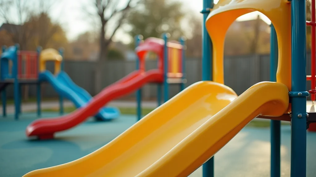 Wide angle view of child-friendly playground equipment in a preschool setting