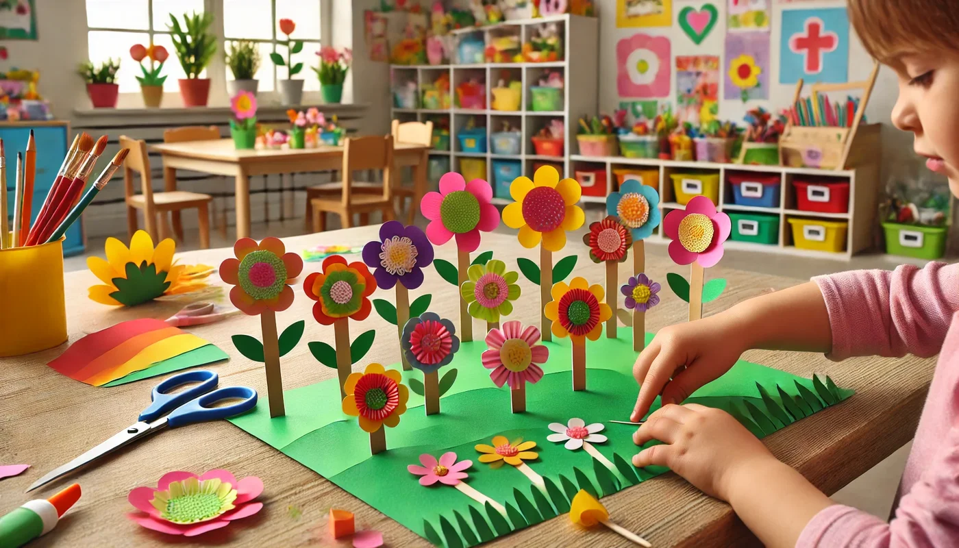 Preschooler creating a colorful paper flower garden with construction paper and craft stick stems during a spring-themed classroom craft.