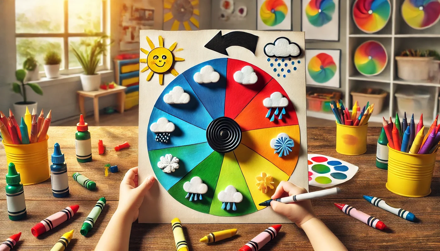 Preschooler decorating a colorful weather wheel during a classroom craft activity.