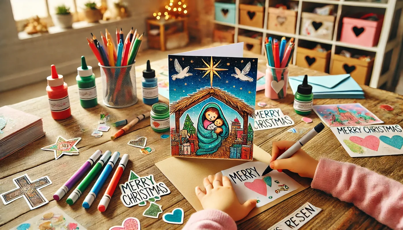 Child creating a holiday card with a drawing of baby Jesus in a manger during a faith-based preschool craft activity