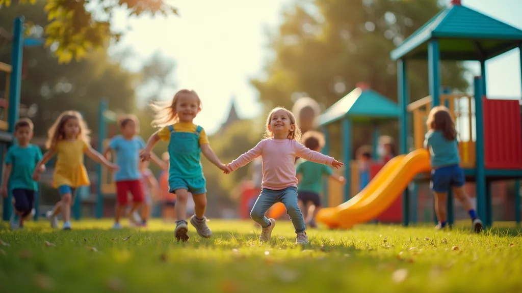 Wide angle view of a lively preschool playground
