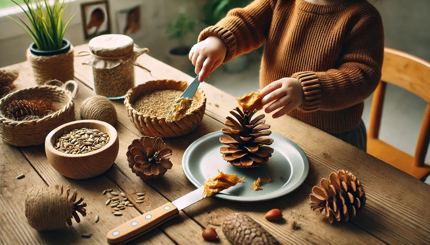 Preschooler spreading peanut butter on a pine cone to make an edible bird feeder, with bird seed and finished feeders ready to hang.