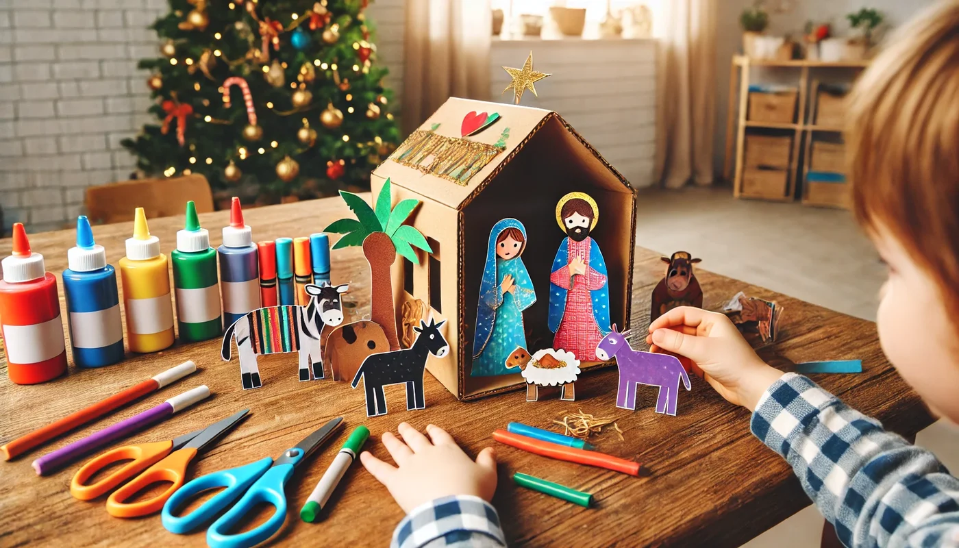 Preschooler assembling a DIY nativity scene with paper cutout figures inside a decorated cardboard stable during a Bible-based craft activity.