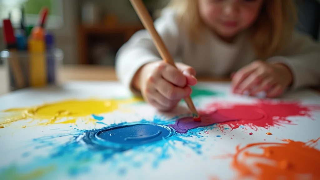 High angle view of a child’s hands painting with bright colors
